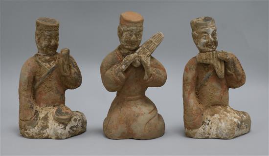 Three Chinese pigment painted kneeling figures of musicians, Han Dynasty or later